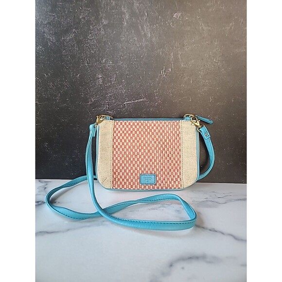 Fossil Kira Small Canvas Crossbody Bag Coral Beige Turquoise - Picture 1 of 10